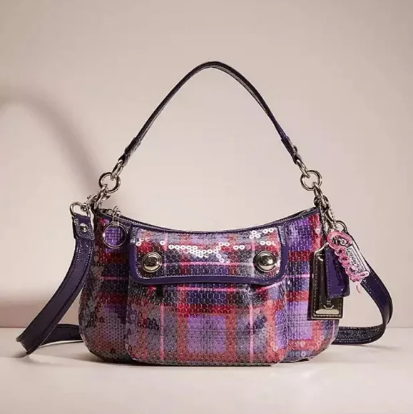 Coach Poppy Tartan Groovy Limited Ed Convertible Bag Y2K Purple+Red Sequins NWT - Picture 1 of 12